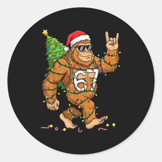 Rockin' Bigfoot Christmas Tree Xmas Lights Funny 6 Runder Aufkleber (Vorderseite)