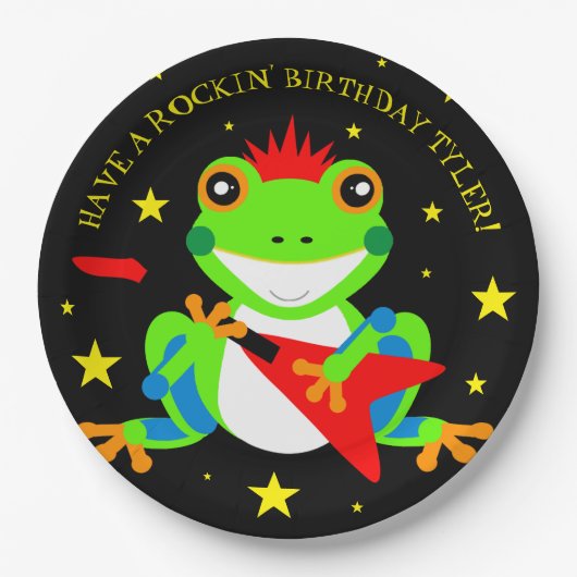 Rockin' Birthday Tree Frog mit Red Guitar Pappteller (Vorderseite)