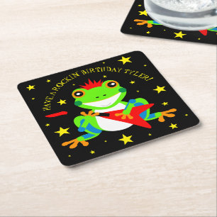Rockin' Birthday Tree Frog mit Red Guitar Rechteckiger Pappuntersetzer