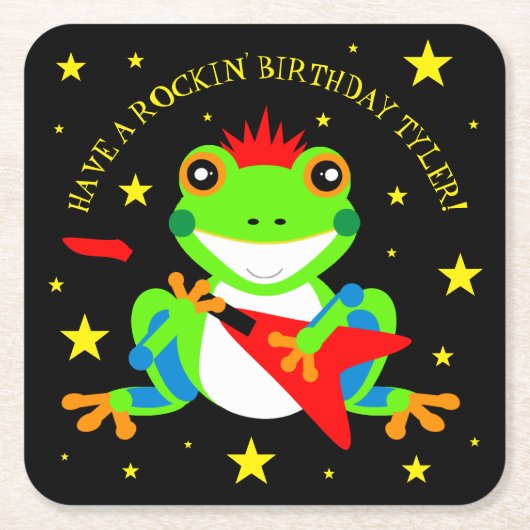 Rockin' Birthday Tree Frog mit Red Guitar Rechteckiger Pappuntersetzer (Vorderseite)