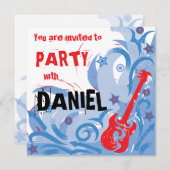 Rockin' Gitarre Party Einladung rot weiß & blau (Vorne/Hinten)