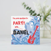 Rockin' Gitarre Party Einladung rot weiß & blau (Stehend Vorderseite)