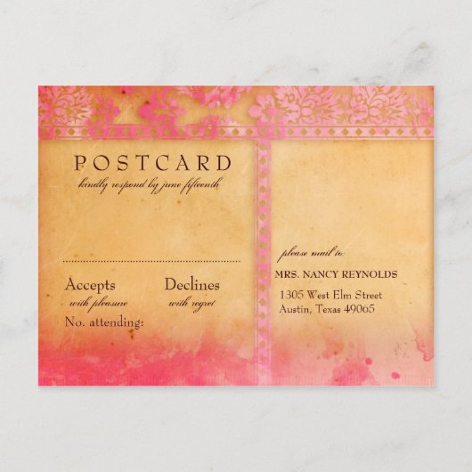 Rockin' Rosa Grunge Damask Hochzeitskarte UAWG Pos Einladungspostkarte (Rückseite)