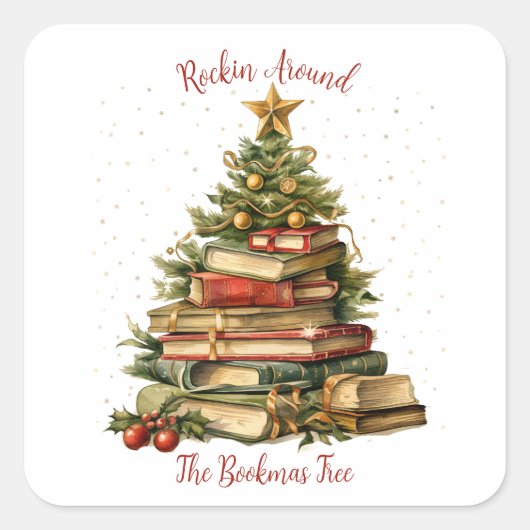Rockin rund um den Bookmas Tree, buchen Sie einfac Quadratischer Aufkleber (Vorderseite)