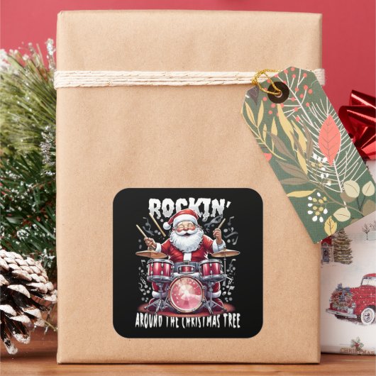 Rockin' Santa Drummer Christmas Tree Quadratischer Aufkleber (Feiertag)