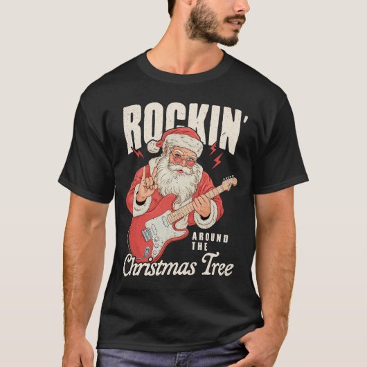 Rockin Santa Guitar Retro Christmas Art T-Shirt (Vorderseite)