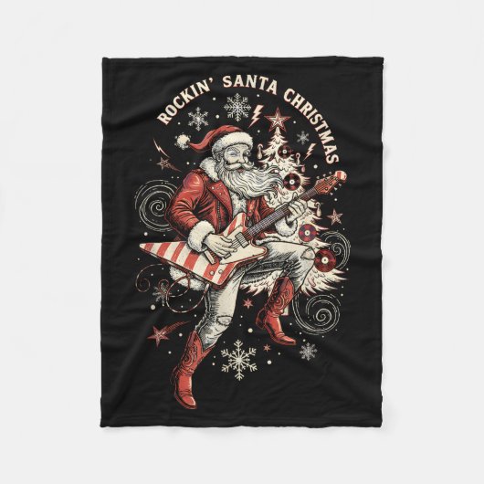 Rockin Santa Playing Guitar Funny Christmas Retro Fleecedecke (Vorderseite)