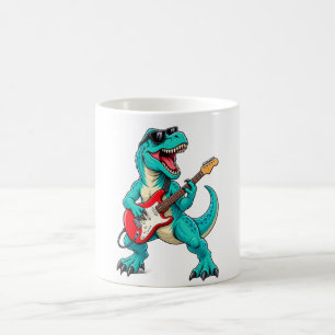Rockin' T-Rex-Dinosaur mit Sonnenbrille und roter  Kaffeetasse