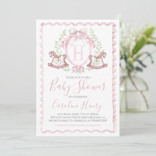 Rocking Horse Baby Shower Pink Gingham Pink Einladung (Stehend Vorderseite)