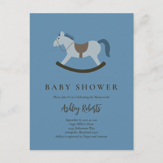 Rocking Horse Blue Baby Dusche Einladung Postkarte (Vorderseite)