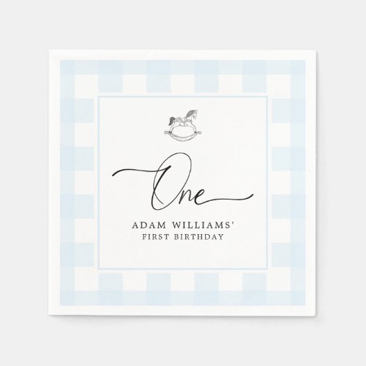 Rocking Horse Blue Gingham 1. Geburtstag Napkins Serviette (Vorderseite)