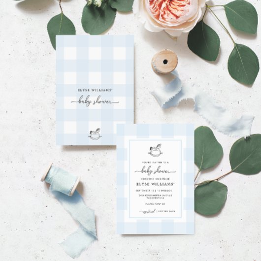 Rocking Horse Blue Gingham Baby Shower Einladung