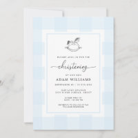 Rocking Horse Blue Gingham Christening Einladung