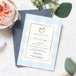 Rocking Horse Blue Gingham Christening Foil Einlad Folieneinladung