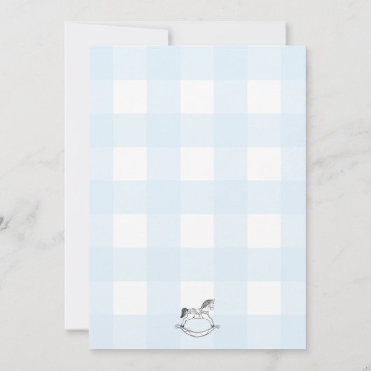 Rocking Horse Blue Gingham Taufe Einladung (Rückseite)