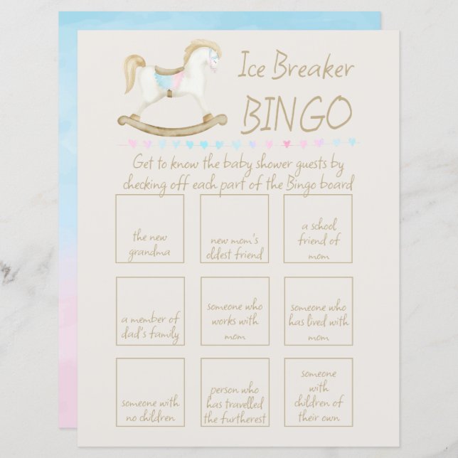 Rocking Horse Blue Pink Baby Shower Bingo (Vorne/Hinten)