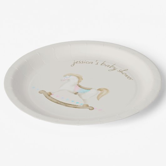 Rocking Horse Blue Pink Gender Neutral Baby Dusche Pappteller (Schrägansicht)