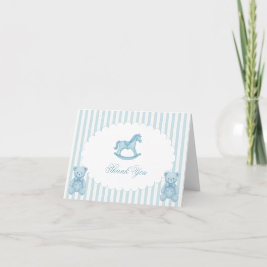 Rocking Horse Blue Preppy Baby Shower Dankeskarte (Vorderseite)