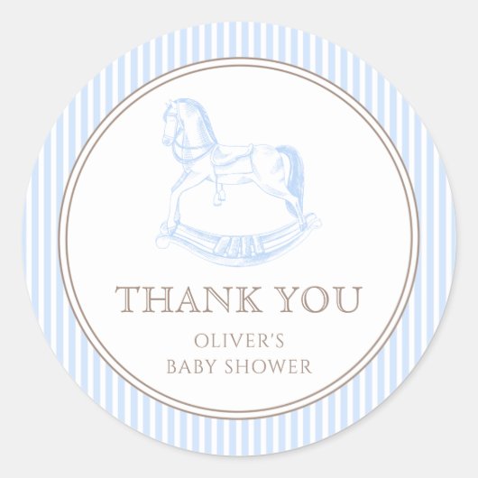 Rocking Horse Blue Toile De Jouy Baby Dusche Runder Aufkleber (Vorderseite)