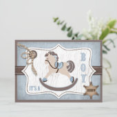 Rocking Horse Cowboy Baby Dusche Blau Einladung (Stehend Vorderseite)