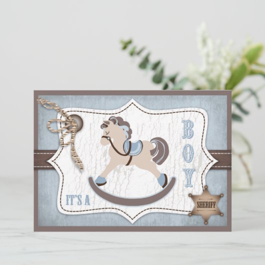 Rocking Horse Cowboy Baby Dusche Blau Einladung (Stehend Vorderseite)