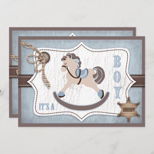 Rocking Horse Cowboy Baby Dusche Blau Einladung (Vorne/Hinten)