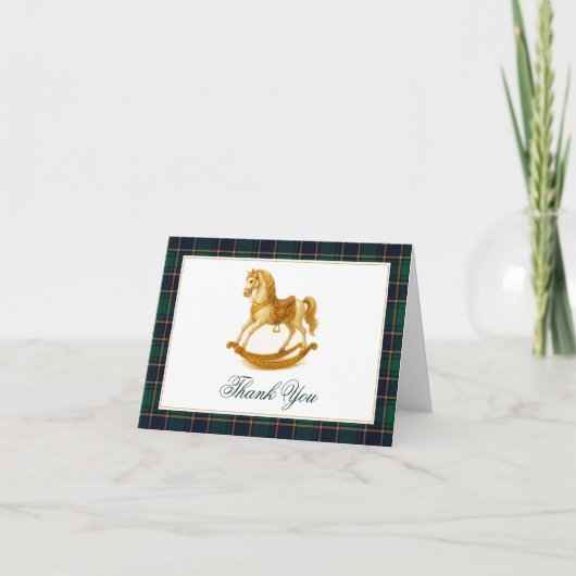Rocking Horse Elegante Karierte Kinderdusche Dankeskarte (Vorderseite)