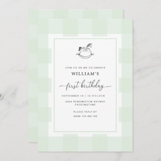 Rocking Horse Green Gingham Einladung zum 1. Gebur (Vorne/Hinten)