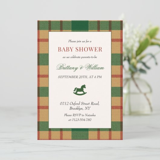 Rocking Horse Holiday Plaid Baby Shower Einladung (Stehend Vorderseite)