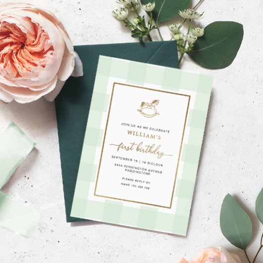 Rocking Horse Mint Gingham Birthday Foil Einladung