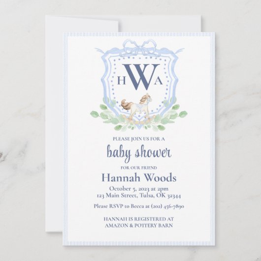 Rocking Horse Monogram Grandmillennial Baby Show Einladung (Vorderseite)