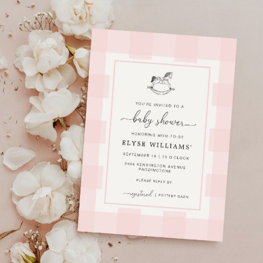 Rocking Horse Pink Gingham Baby Shower Einladung