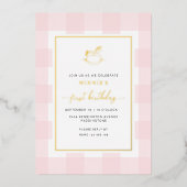 Rocking Horse Pink Gingham Birthday Foil Einladung (Vorderseite)