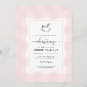 Rocking Horse Pink Gingham Christening Einladung (Vorne/Hinten)