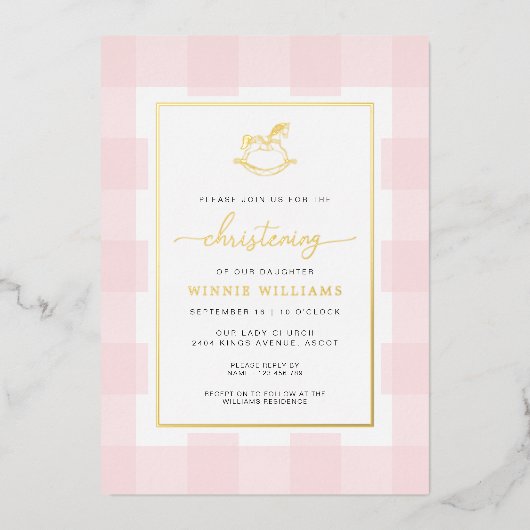 Rocking Horse Pink Gingham Christening Foil Einlad Folieneinladung (Vorderseite)