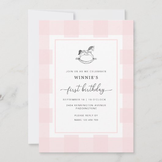 Rocking Horse Pink Gingham Einladung zum 1. Geburt (Vorderseite)