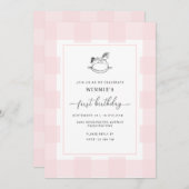 Rocking Horse Pink Gingham Einladung zum 1. Geburt (Vorne/Hinten)