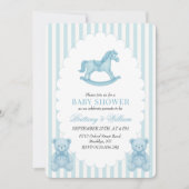 Rocking Horse Preppy Bear Blue Baby Dusche Einladung (Vorderseite)