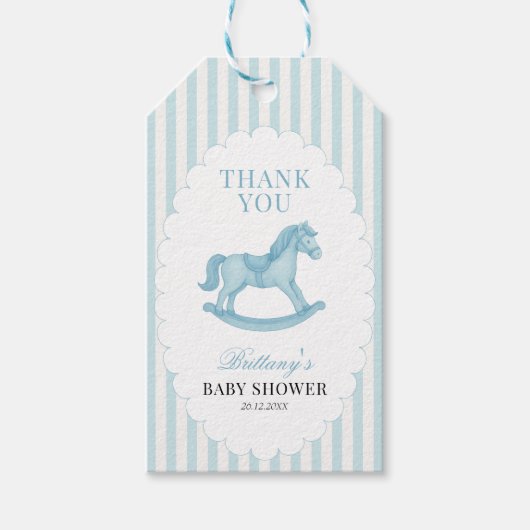 Rocking Horse Preppy Bear Blue Baby Dusche Geschenkanhänger (Vorderseite)