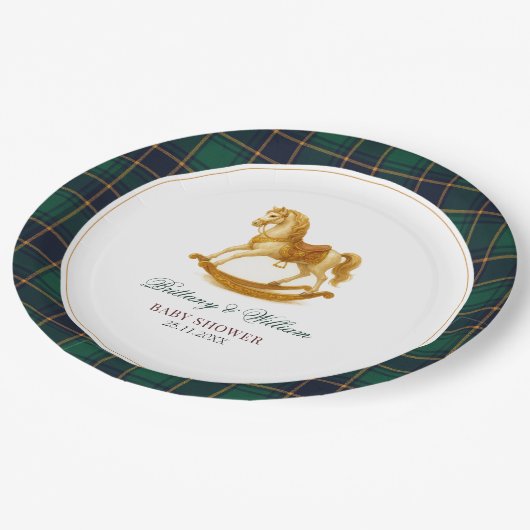 Rocking Horse Tartan Kariert Baby Dusche Pappteller (Schrägansicht)