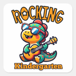 Rocking Kindergarten Dinosaur with guitar Quadratischer Aufkleber