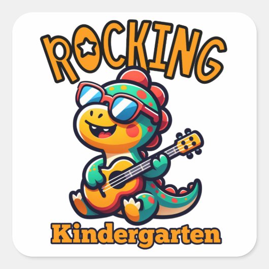 Rocking Kindergarten Dinosaur with guitar  Quadratischer Aufkleber (Vorderseite)
