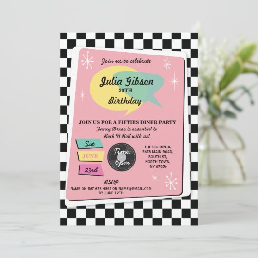 Rock'n'Roll 1950er Geburtstag Pink Retro Einladung (Stehend Vorderseite)