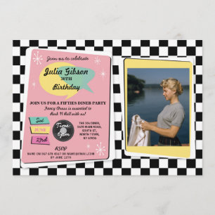 Rock'n'Roll 1950er Geburtstag Pink Retro Foto Einl Einladung
