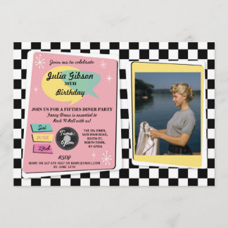 Rock'n'Roll 1950er Geburtstag Pink Retro Foto Einl Einladung