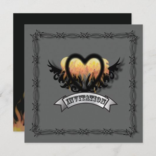 Rock'n'Roll Biker Hochzeitseinladung für Flammen H Einladung (Vorne/Hinten)