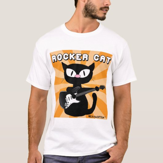 Rock'n'Roll Black Cartoon Cat Rocker T-Shirt (Vorderseite)