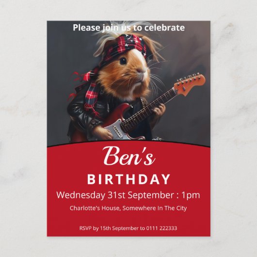 Rock'n'Roll Guinea Pig Geburtstagsparty Einladungspostkarte (Vorderseite)