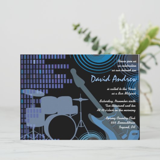 Rock'n'Roll Musical Bar Bat Mitzvah Einladung (Stehend Vorderseite)