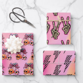 Rock'n'Roll Pink Skulls Skeletton Hand Halloween Geschenkpapier Set
